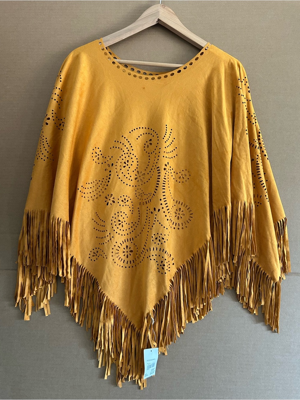 Cato Fringe Poncho laser cut Mustard One Size Faux Suede Boho Western 
Cowgirl
